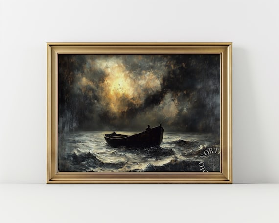 Solitary Fisherman Boat on Stormy Sea Moody Oil Painting Poster