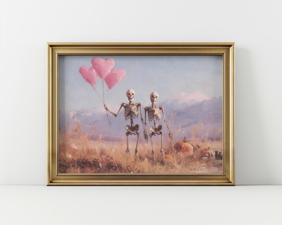 Whimsical Skeleton Duo With Balloons Vintage Pastel Art Rustic Halloween Decor Romantic Painting Print 152