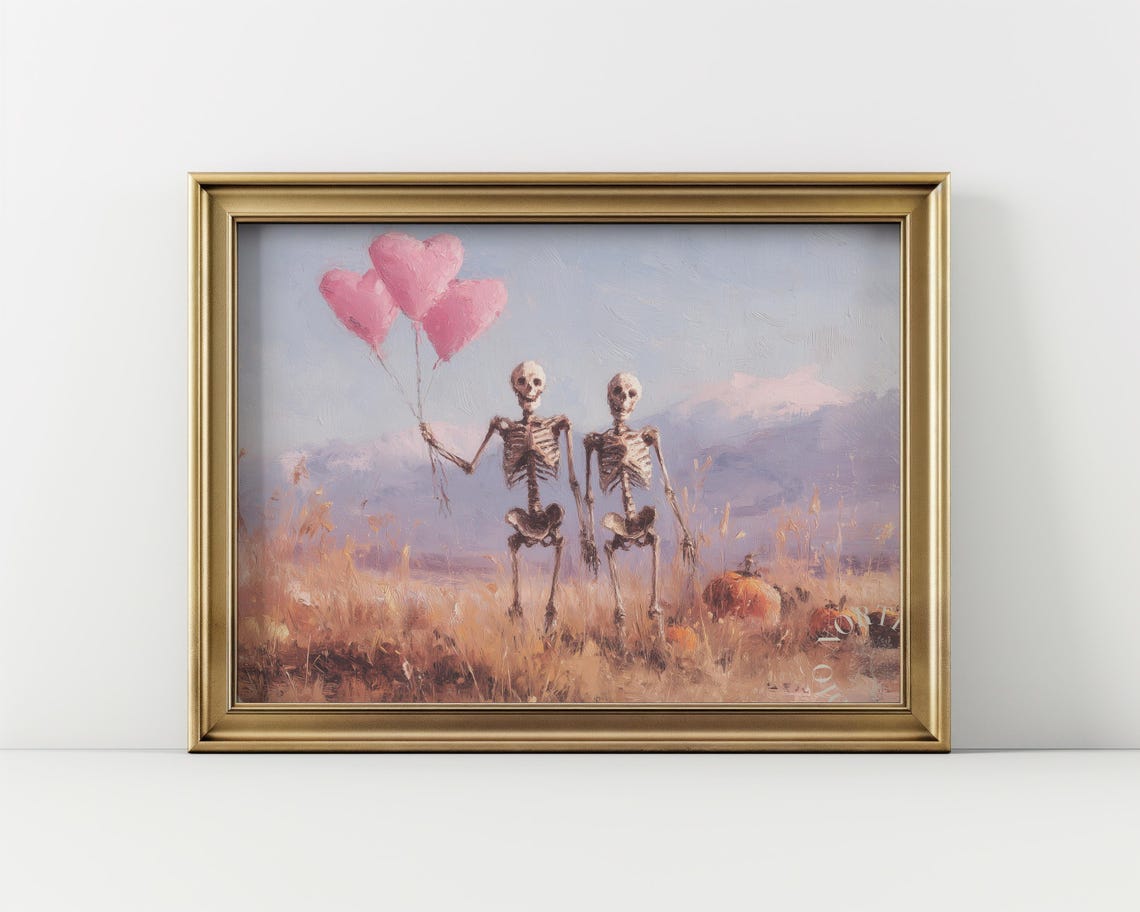 Two Skeletons Holding Pink Heart Balloons In Pumpkin Field Art Print