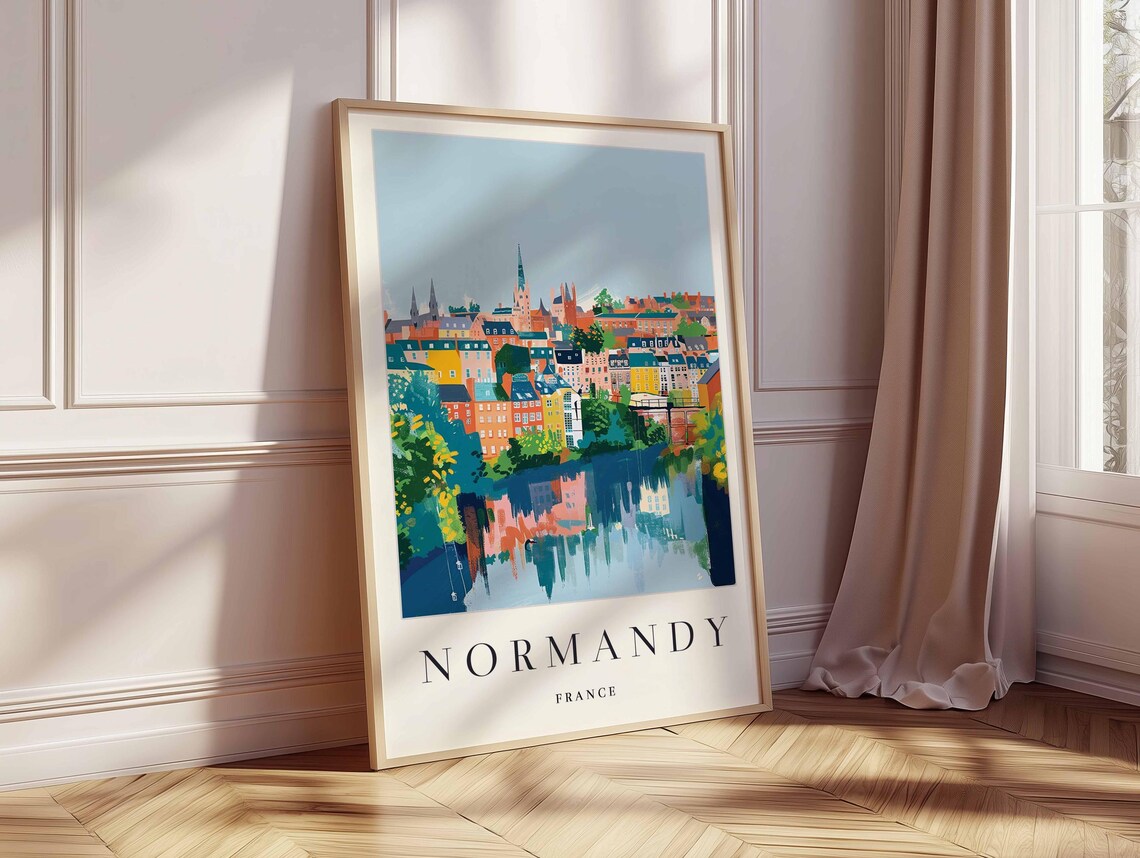 Normandy France Riverside Town Colorful Houses Travel Poster - Image 2