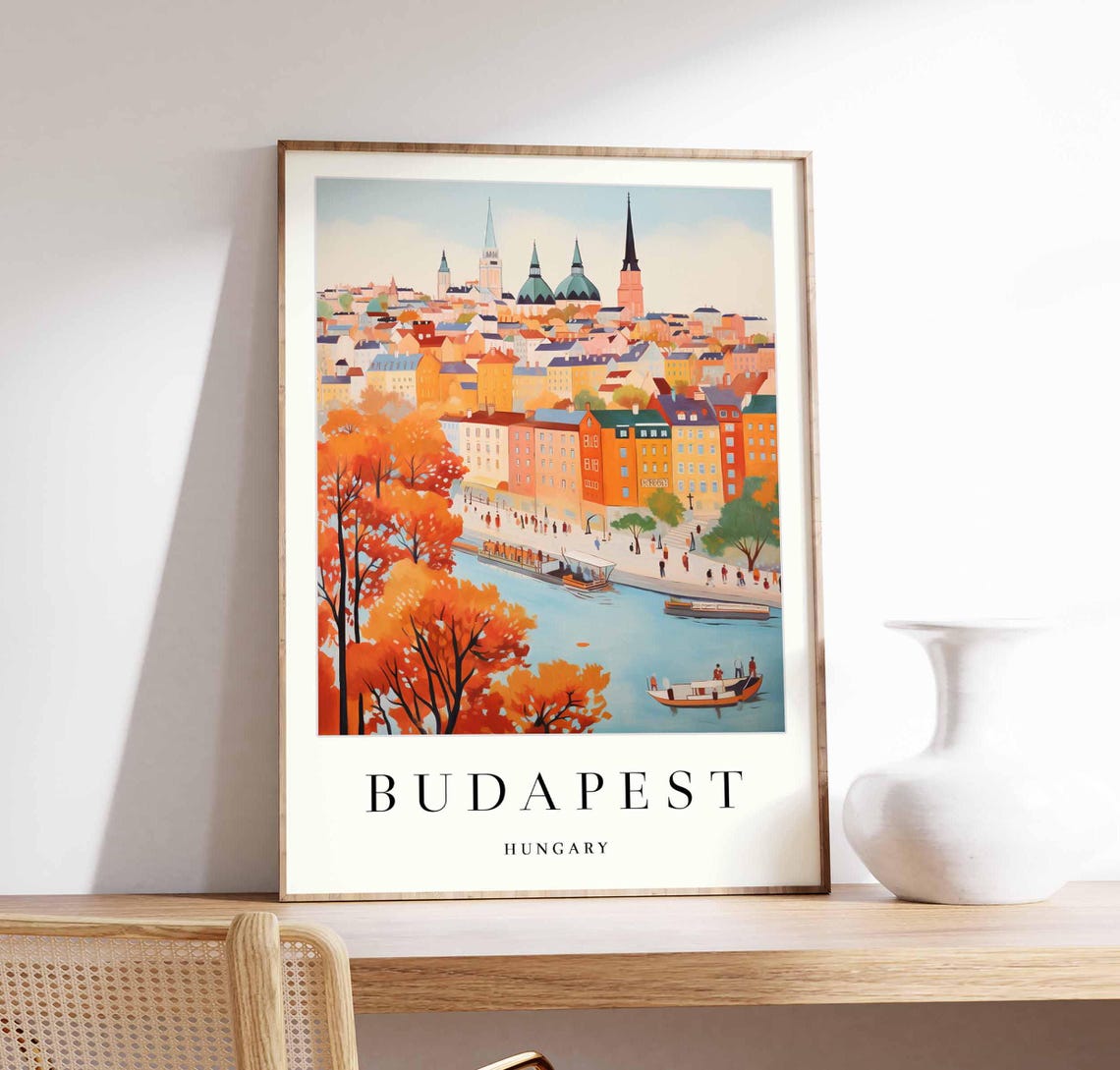 Budapest Autumn Riverside Boats Basilica Spires Orange Poster