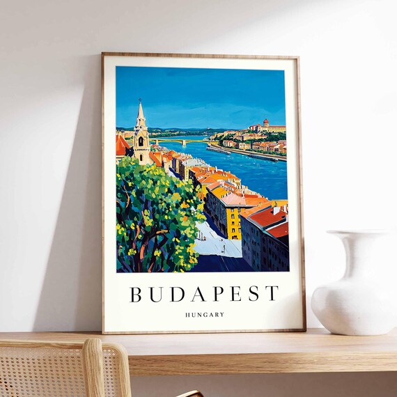 Budapest Hungary Red Roofs Church Spire Danube Bridge Travel Poster