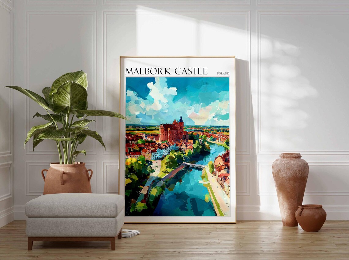 Malbork Castle Poland Riverside Aerial View Oil Painting Travel Poster - Image 3