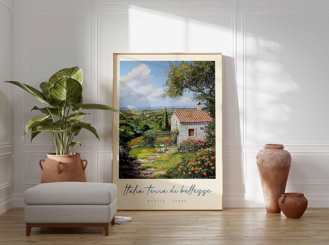 Puglia Italy Stone Farmhouse Green Meadow Poppy Field Art Poster - Image 3
