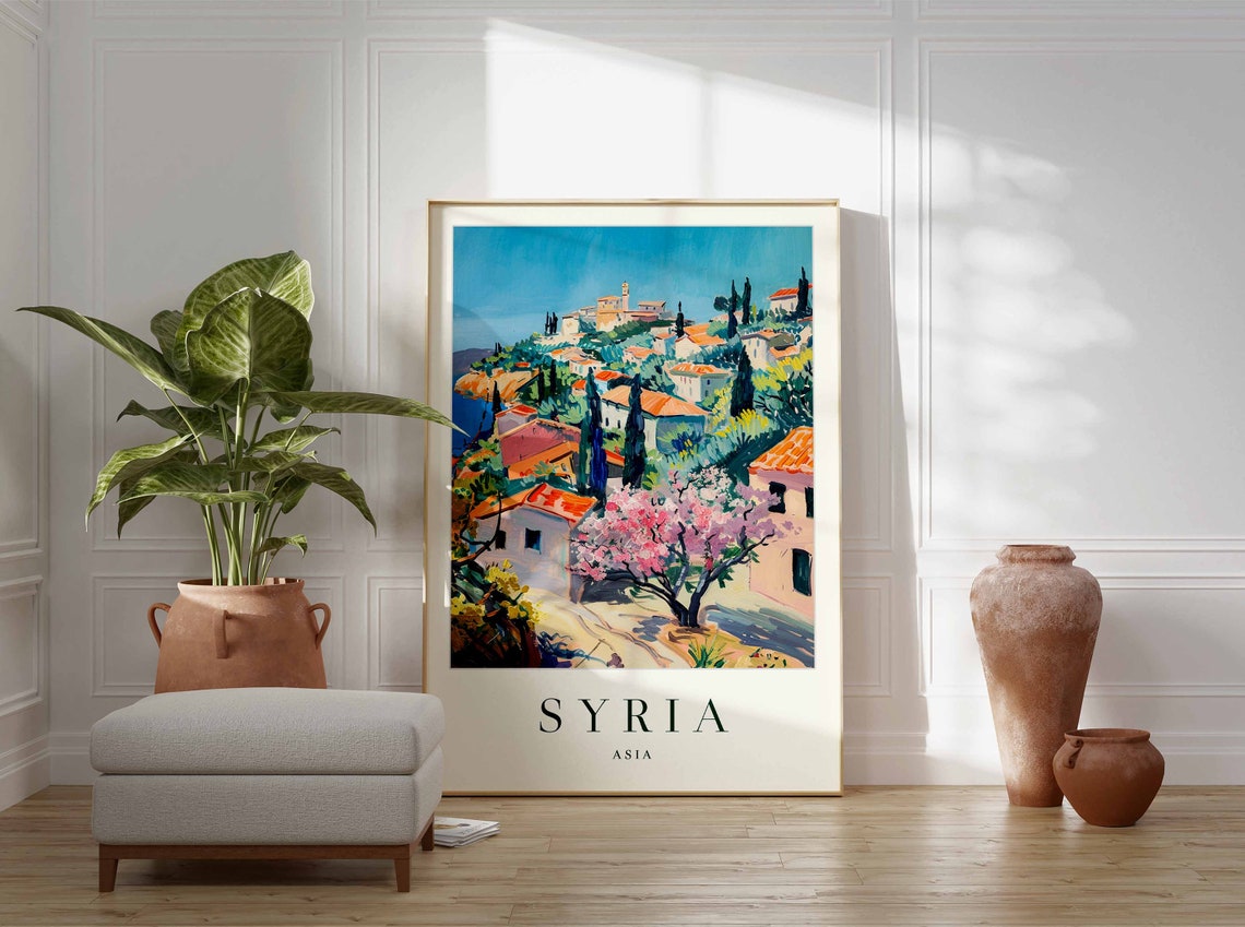 Syria Hillside Coastal Town Blossom Tree Terracotta Asia Poster - Image 3