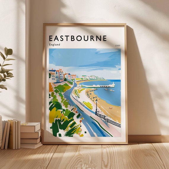 Eastbourne England 1989 Curved Seafront Beach Town Travel Poster