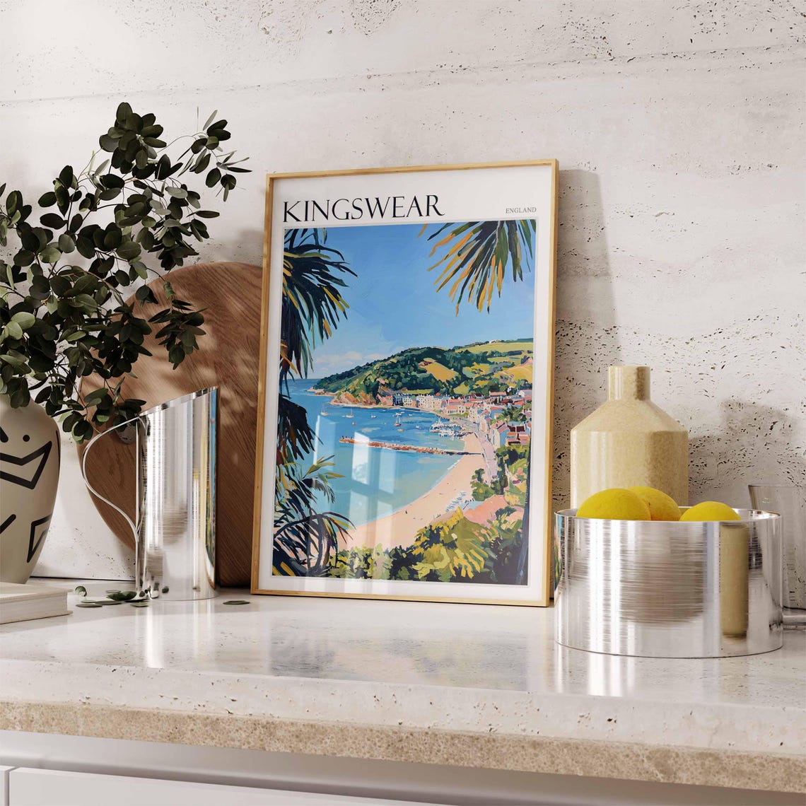 Kingswear England Bay Beach Palm Fronds Framed Coastal Art Poster - Image 2
