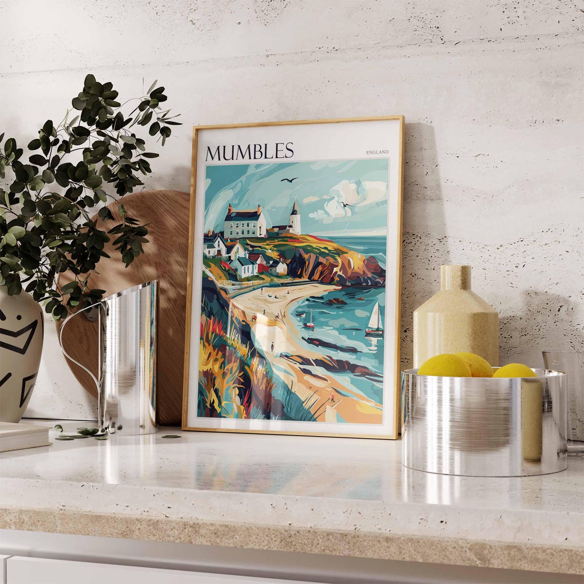 Mumbles Vibrant Colorful Coastal Lighthouse Red Cliffs Beach Poster - Image 2