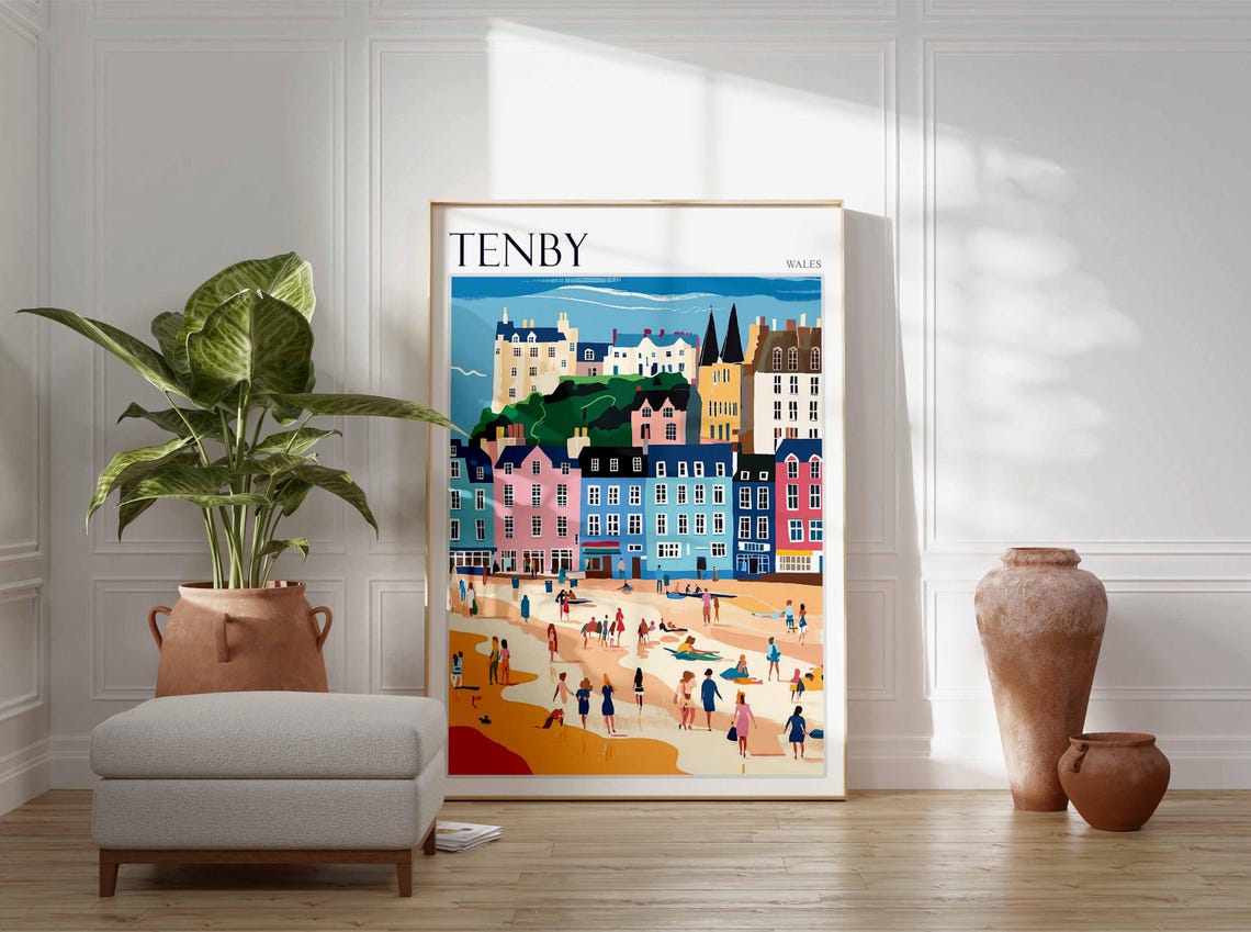 Tenby Pastel Seafront Houses Beachgoers Flat Illustration Poster - Image 2