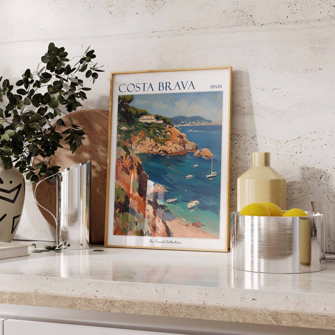 Costa Brava Spain Rocky Cove Sailboats Cliffs Painted Travel Poster - Image 2