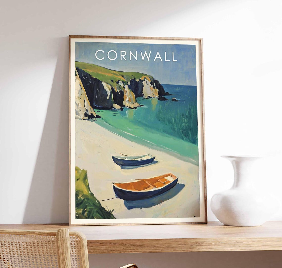 Cornwall Cove Beach Fishing Boats Cliffs England Coast Poster