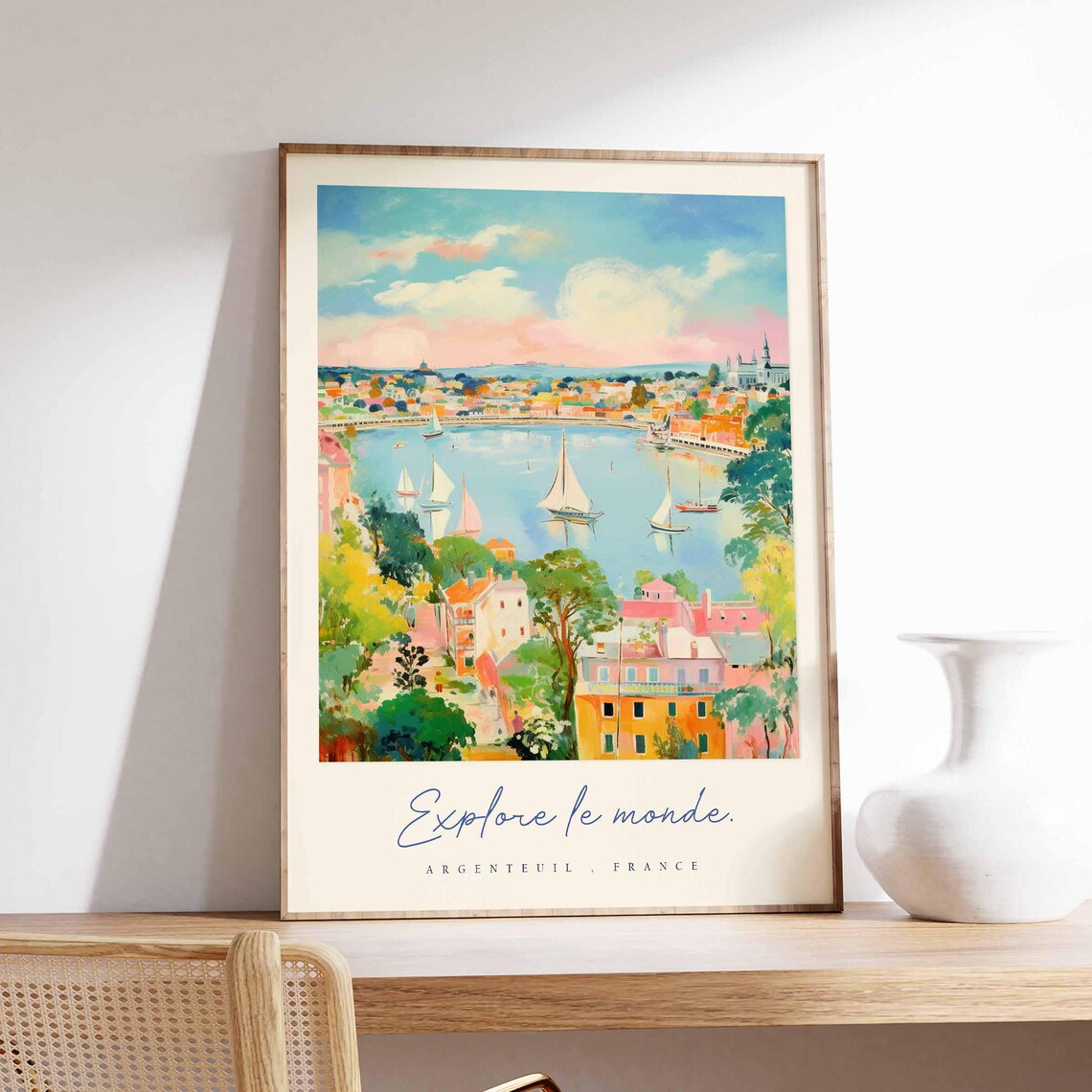Argenteuil France Seine Harbor Panorama Watercolor Travel Poster