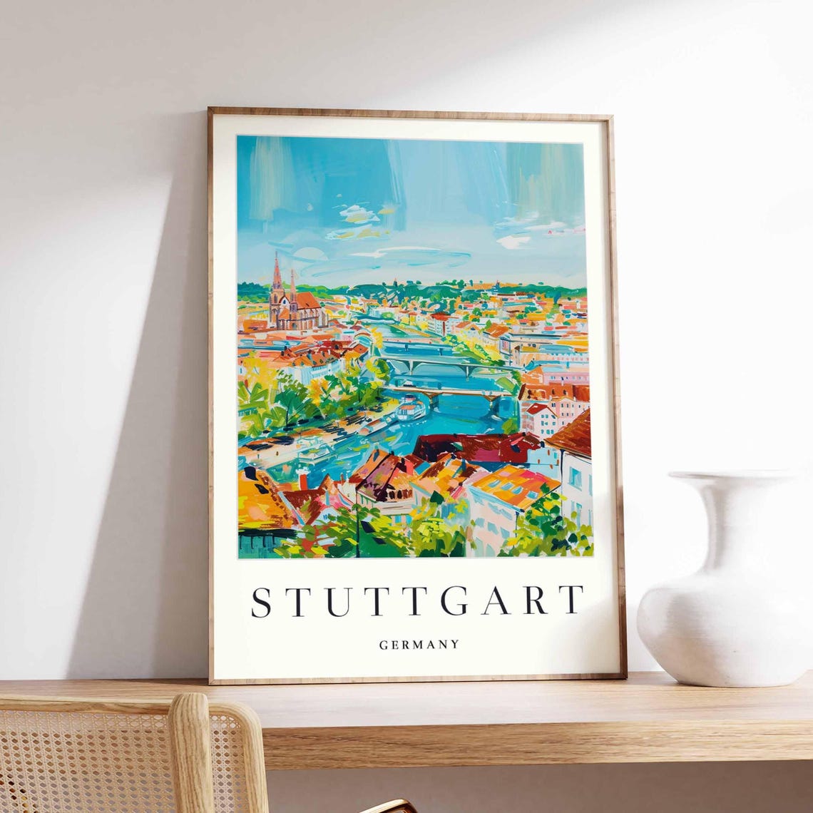 Stuttgart Germany River Panorama with Church Spires and Bridges Poster