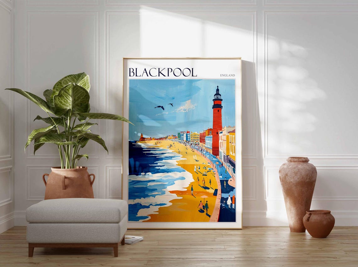 Blackpool England Beach Scene With Red Tower and Seagulls Poster - Image 3