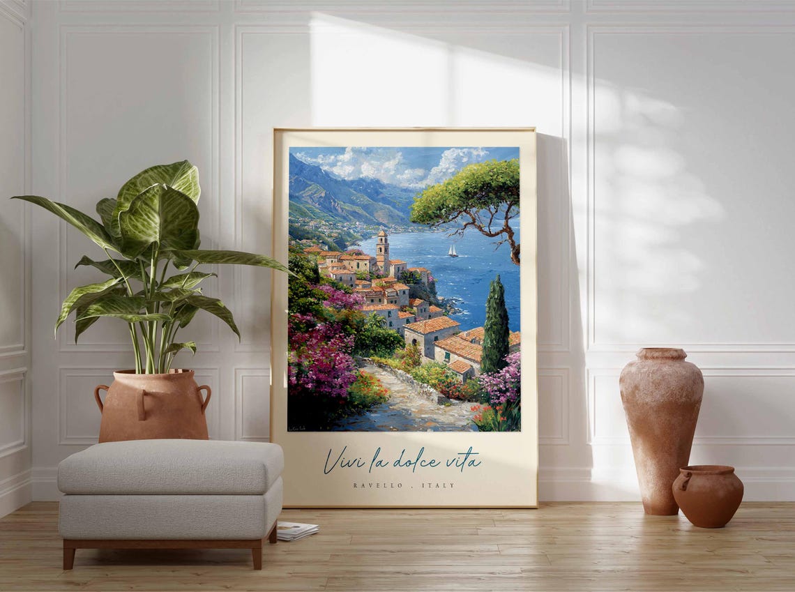 Ravello Italy Bell Tower Village Pine Tree Sailboat Bay Poster - Image 3