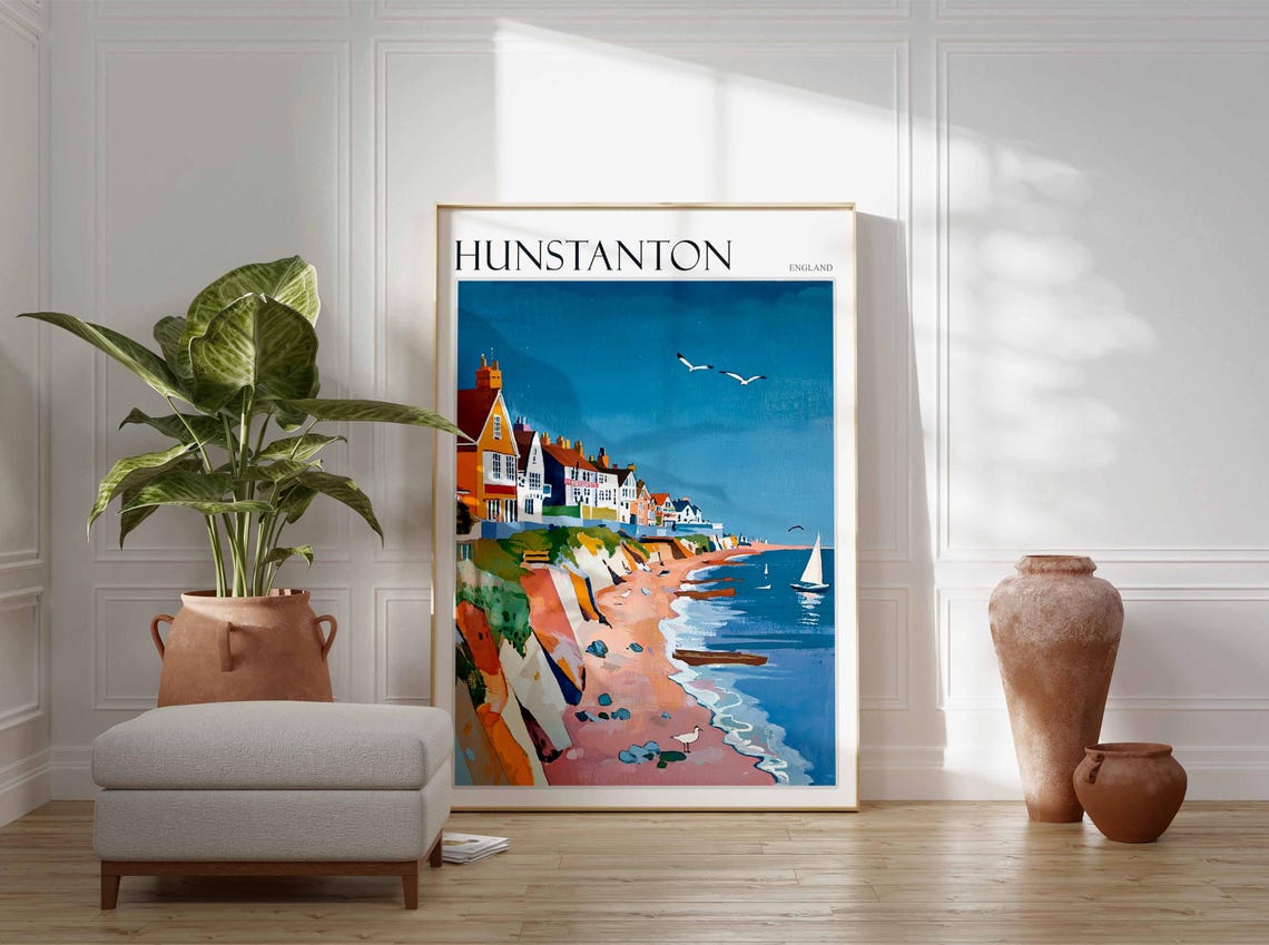 Hunstanton England Fishermen Cottages Beach Boats Scene Poster - Image 3