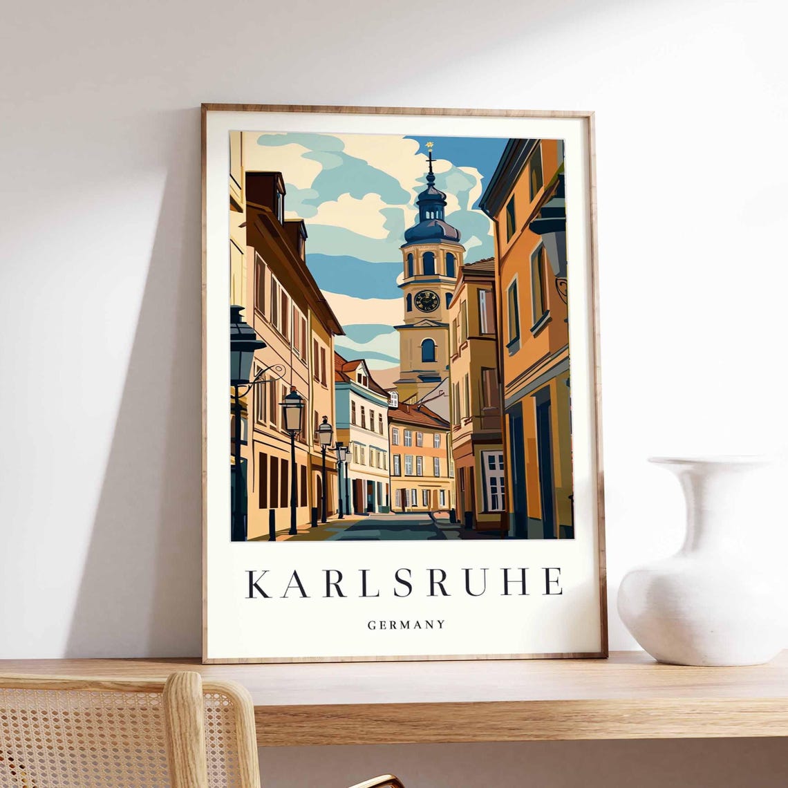 Karlsruhe Germany Church Clock Tower Historic Street Scene Poster