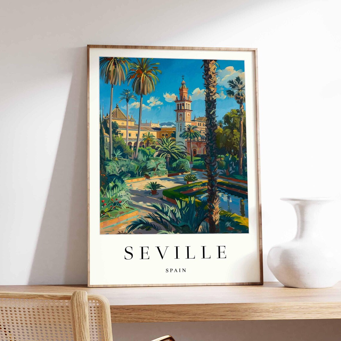 Seville Spain Cathedral Giralda Palm Gardens Painterly Travel Poster