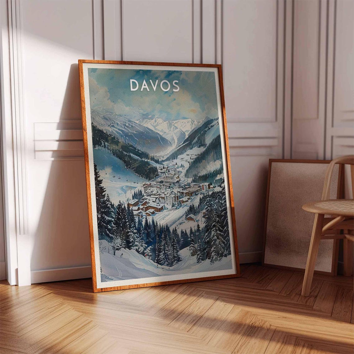 Davos Watercolor Valley Town Snowy Pines Soft Winter Scene Poster - Image 2