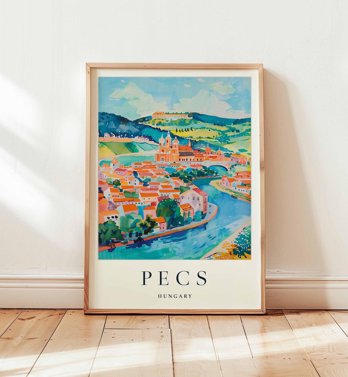Pecs Hungary River Bend Panorama Watercolor City Travel Poster
