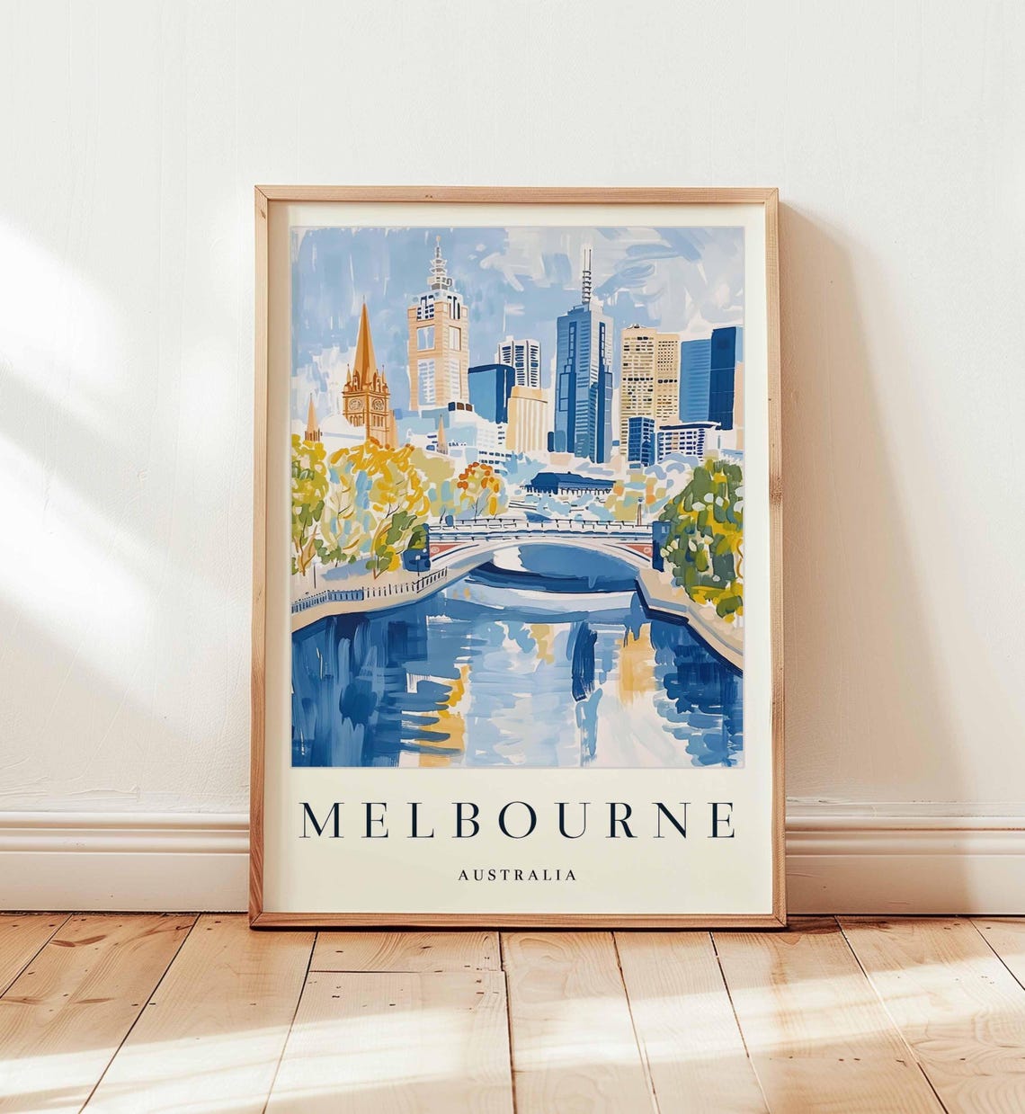 Melbourne Skyline Bridge River Reflection Blue Australia Travel Poster