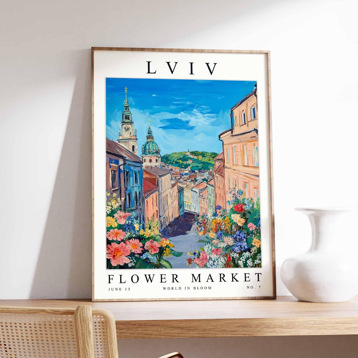 Lviv Flower Market Clock Tower Street Flower Beds View Poster
