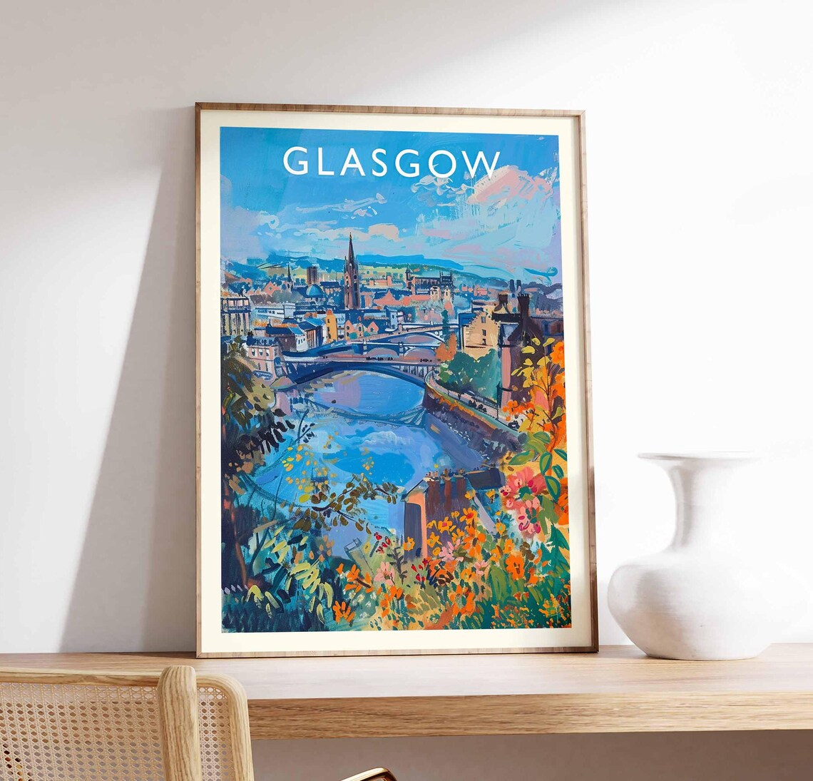 Glasgow River Clyde Bridges City Skyline Floral Foreground Poster