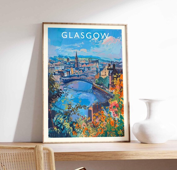 Glasgow River Clyde Bridges City Skyline Floral Foreground Poster