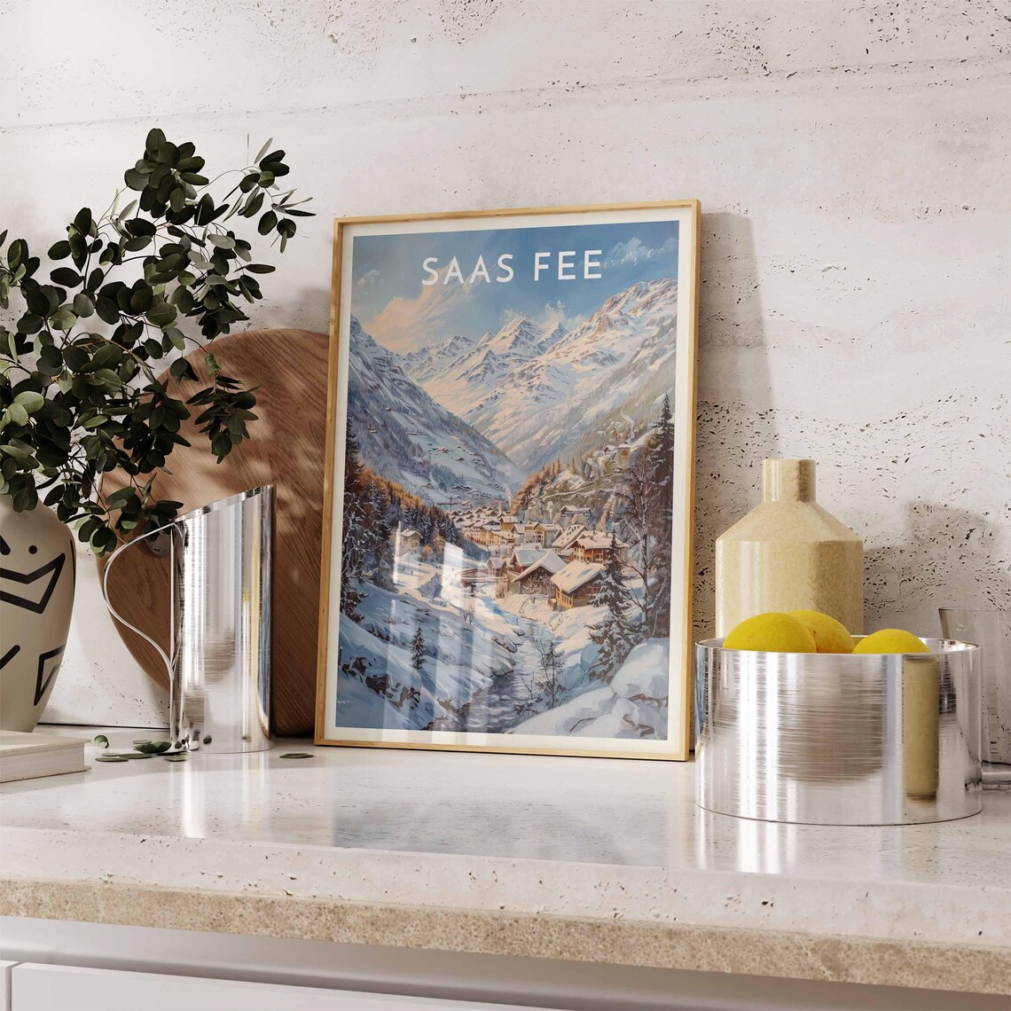 Saas Fee Switzerland Morning Valley Stream To Village Sunlit Peaks Poster - Image 2