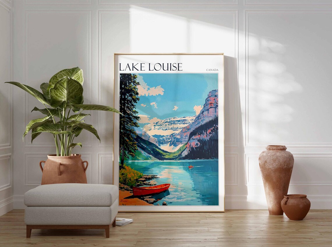 Lake Louise Canada Red Canoe on Turquoise Lake Travel Poster Art - Image 2