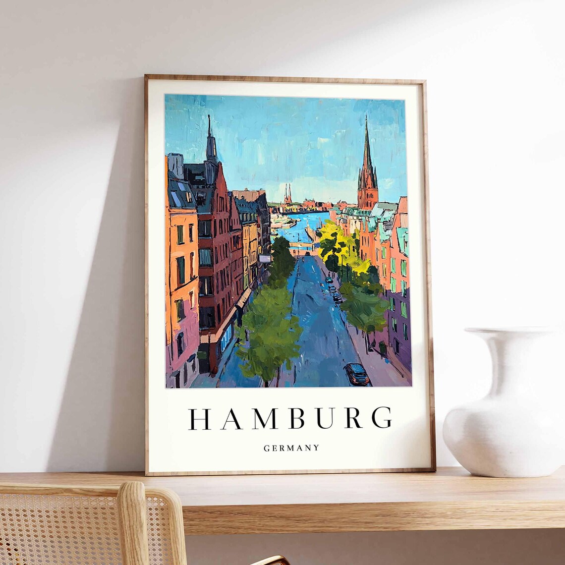 Hamburg Germany Aerial Street Harbour Church Spire Travel Poster