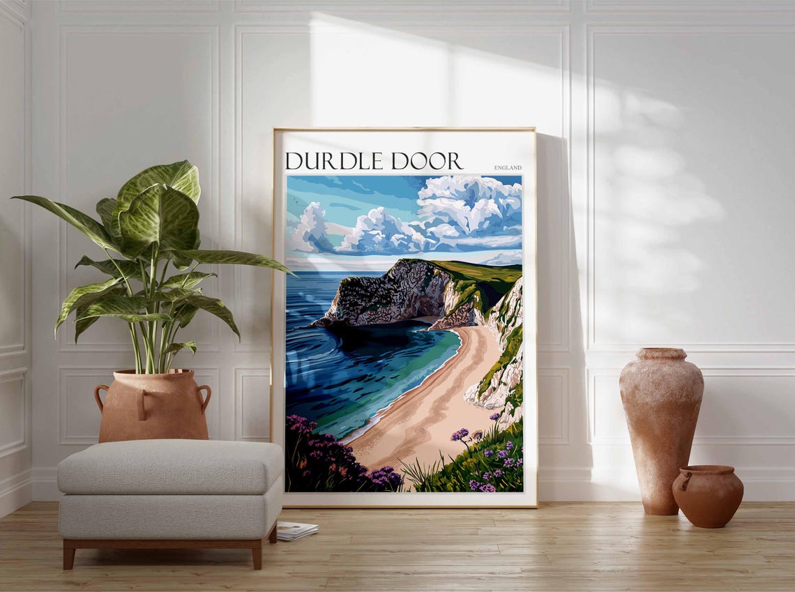 Durdle Door England Headland Beach Wildflowers Dramatic Graphic Poster - Image 3