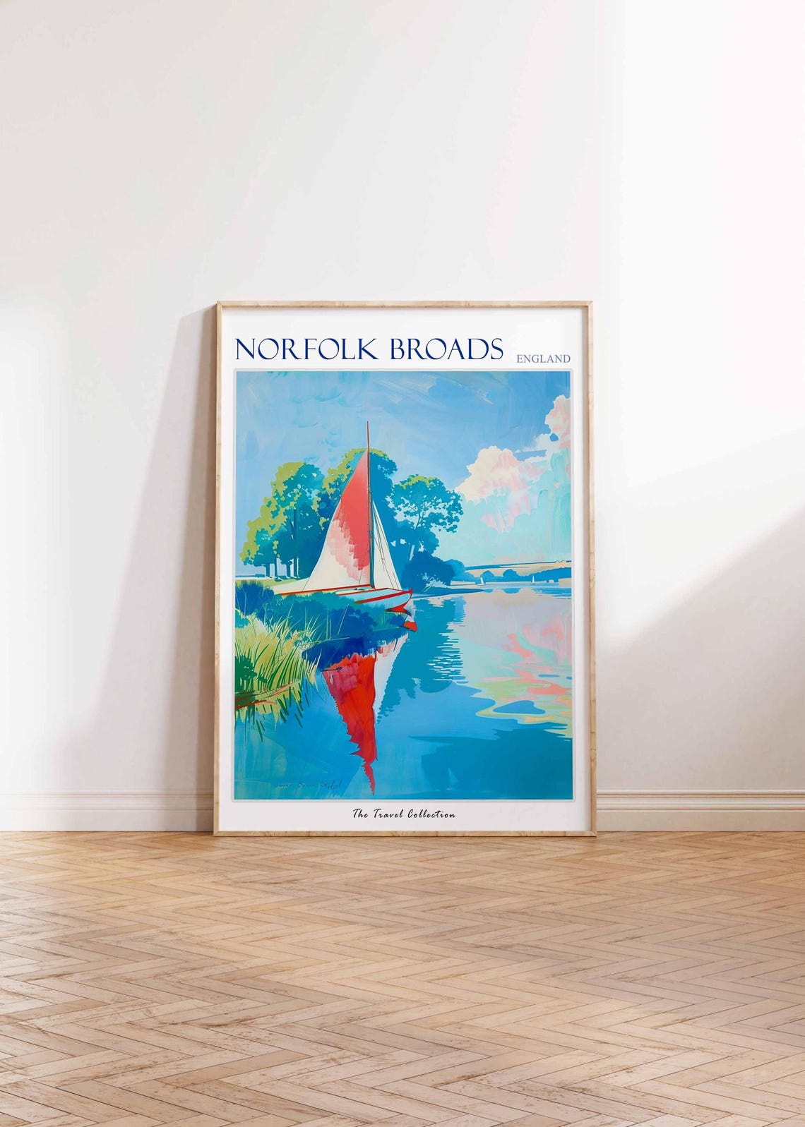 Norfolk Broads Red Sailboat Calm Water Reflection Travel Poster - Image 2