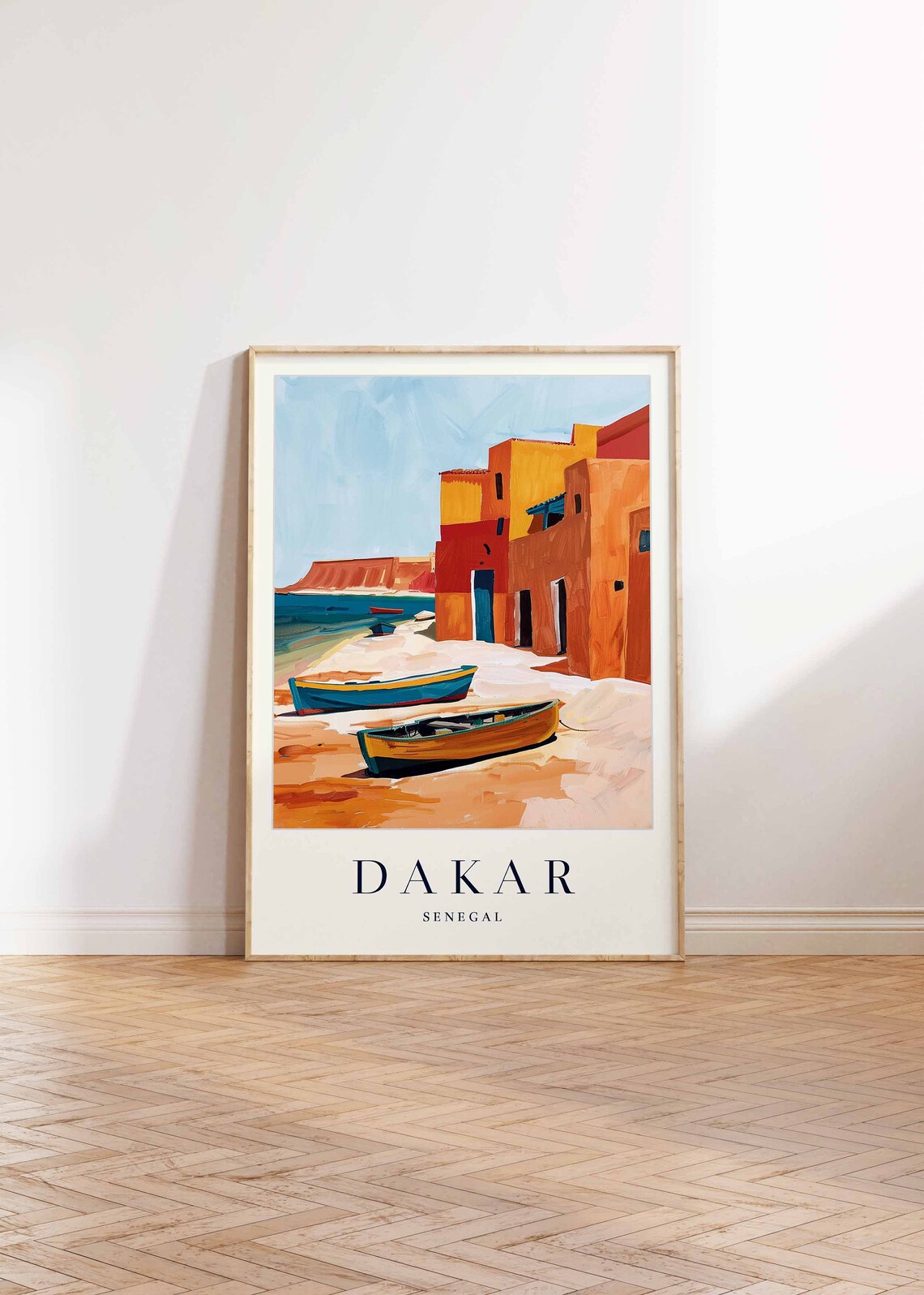 Dakar Senegal Fishing Boats Orange Buildings Sandy Shore Travel Poster - Image 2