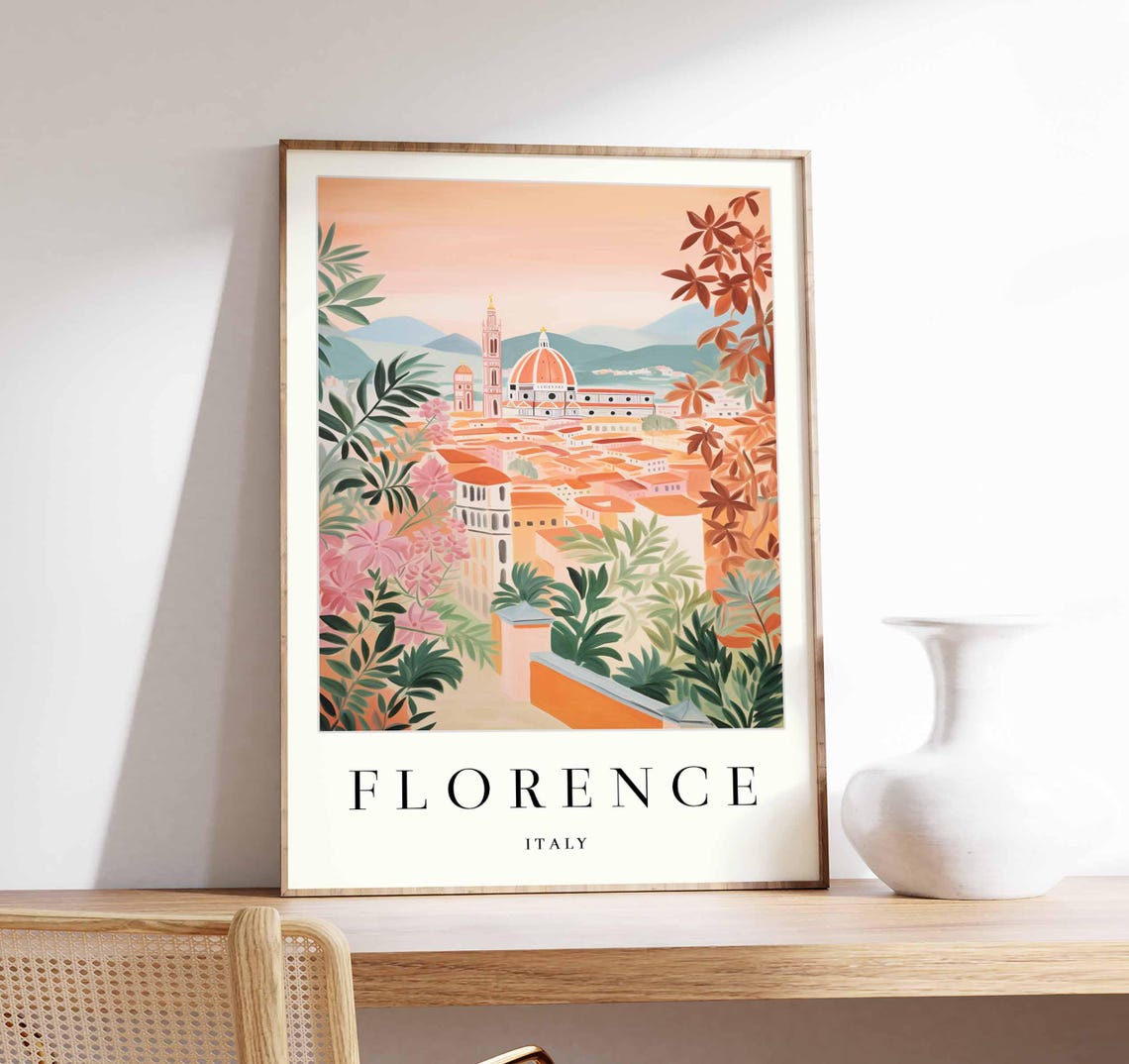Florence Italy Pastel Garden Terrace Duomo View Travel Poster