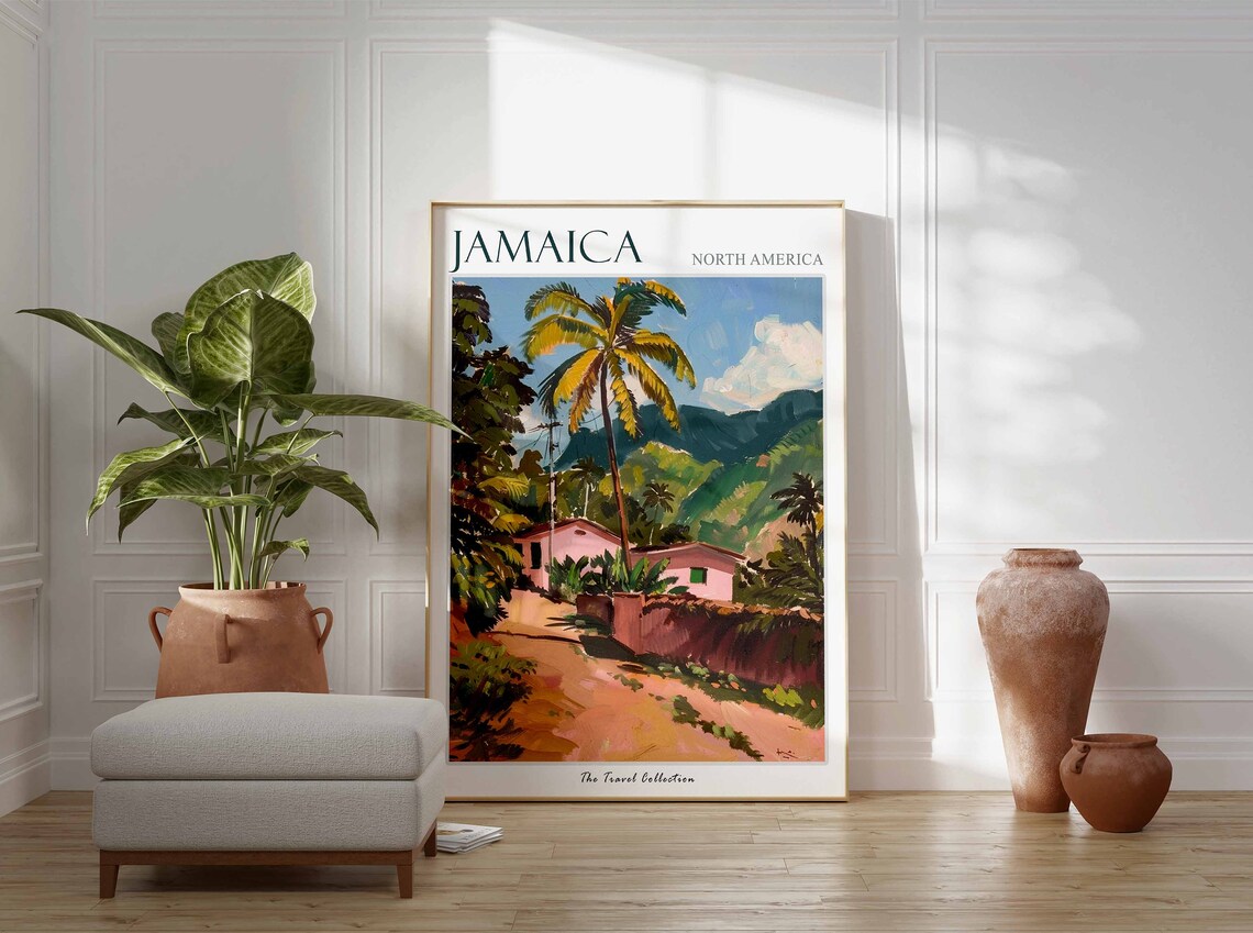 Jamaica Caribbean Pink House Palm Tree Green Hill Art Poster - Image 2