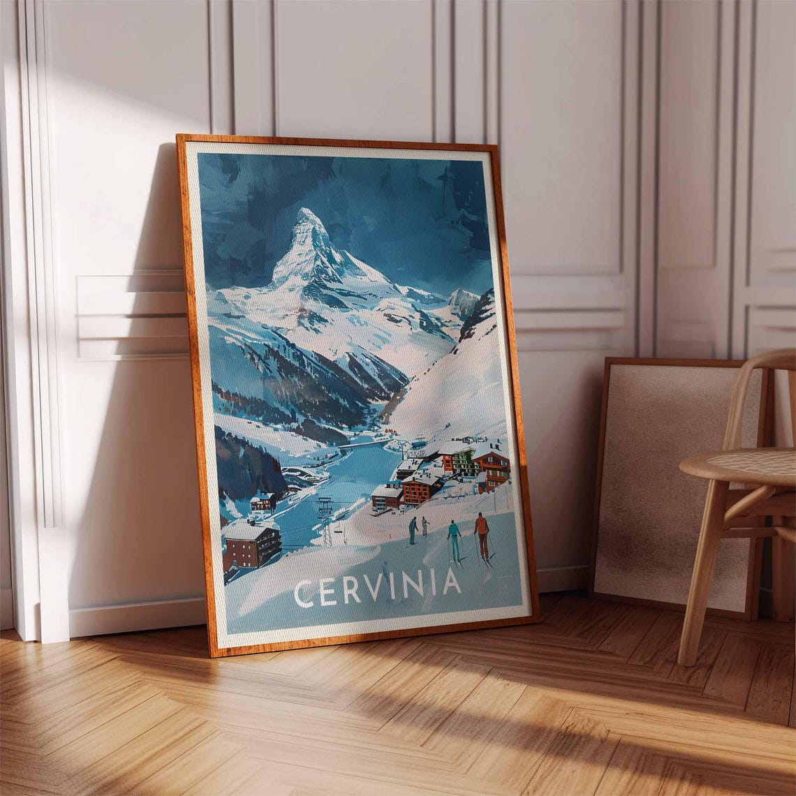 Cervinia Pyramid Peak Valley Town Skiers Teal Night Sky Poster - Image 2