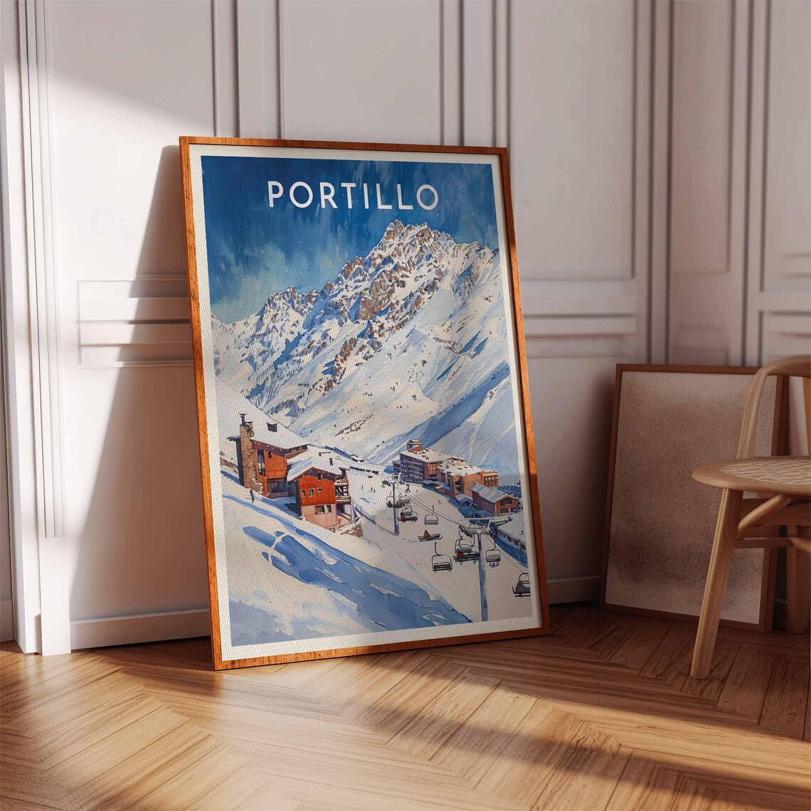 Portillo Chile Deep Blue Watercolor Chairlift Over Andes Poster - Image 3