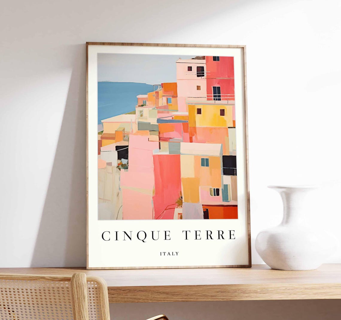 Cinque Terre Pastel Facades Sunlit Village Minimalist Art Print