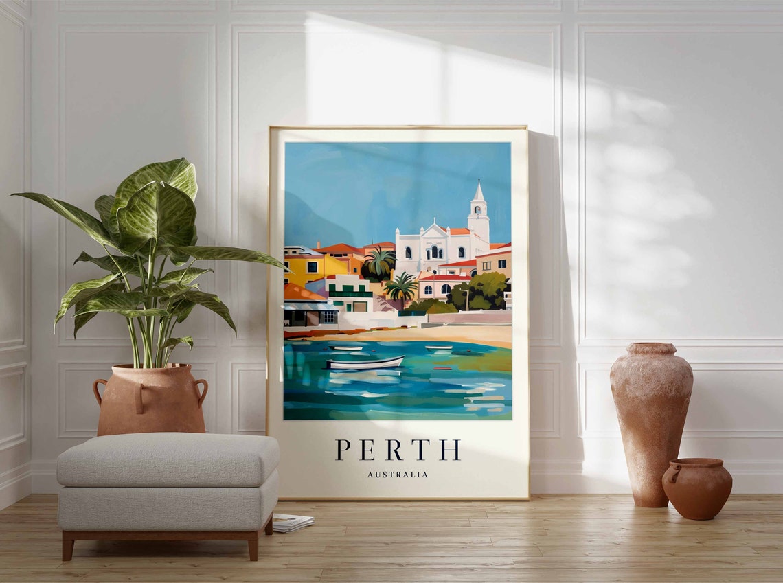 Perth Australia Coastal Town With Boats And Church Spire Travel Poster - Image 3