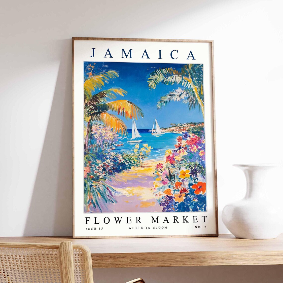 Jamaica Flower Market No 7 Sailboats Bay Tropical Floral View Poster
