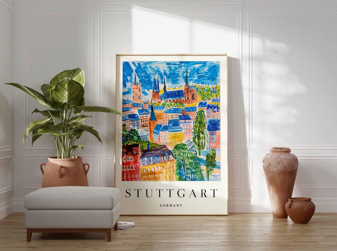 Stuttgart Germany Watercolor Old Town with Church Spires Art Poster - Image 4