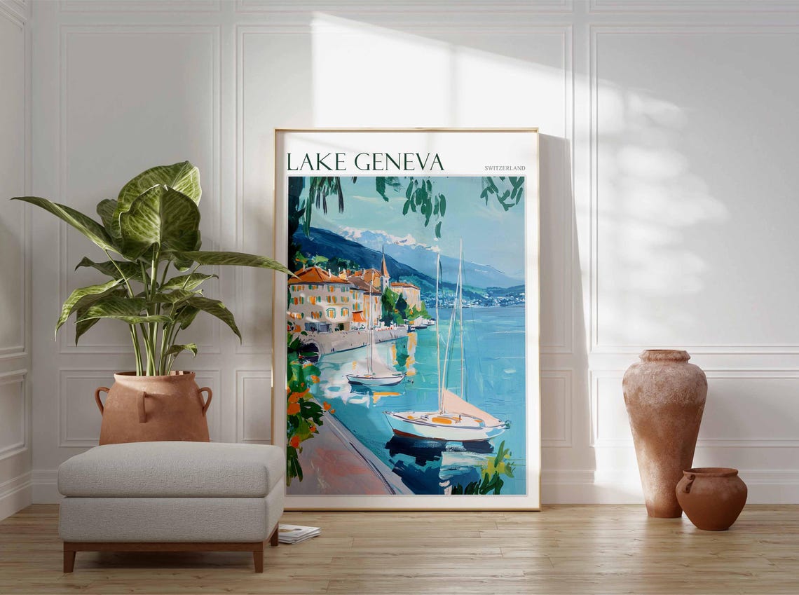Lake Geneva Poster Switzerland Travel Print Swiss Decor Europe Travel Poster European Wall Art Lake Geneva Travel Poster - Image 2