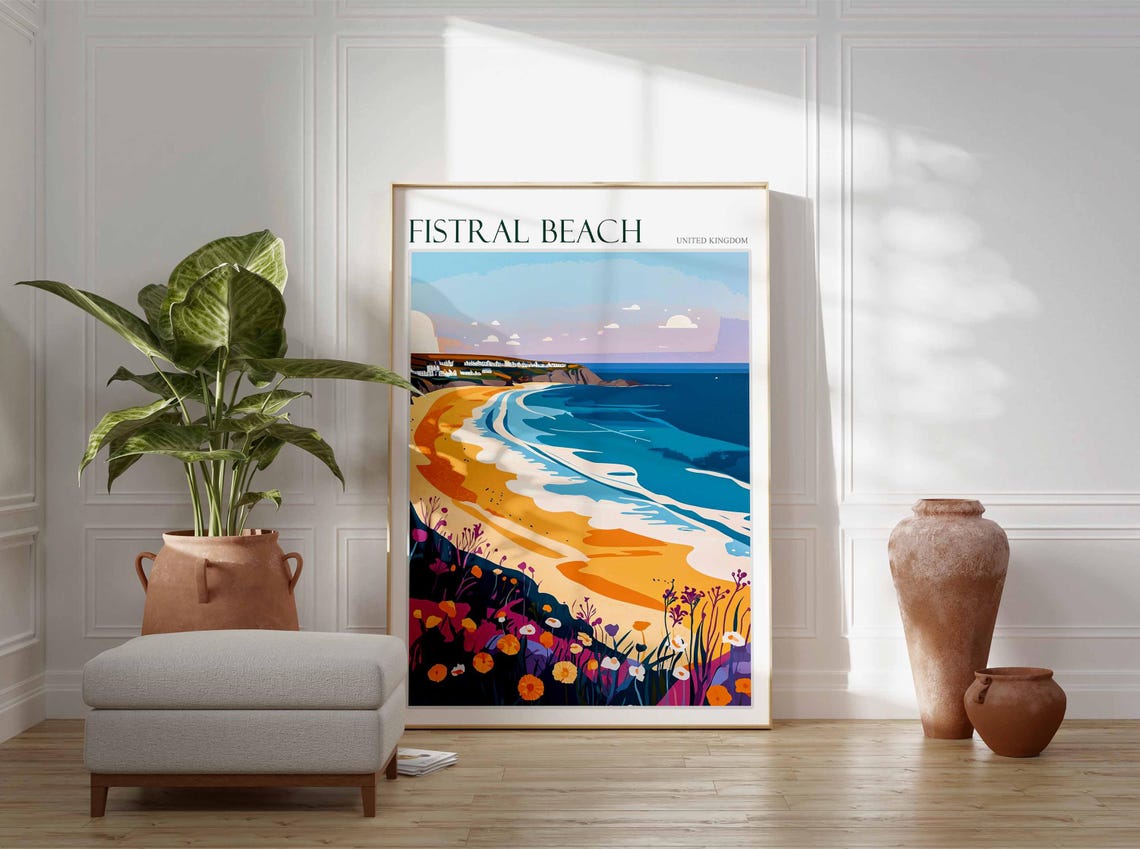 Fistral Beach United Kingdom Golden Sand Wildflowers Art Poster - Image 3