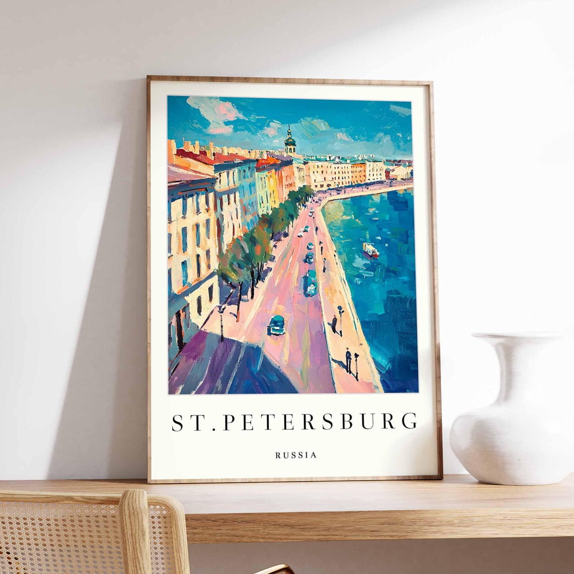 St Petersburg Russia Curving Riverside Road With a Boat Poster