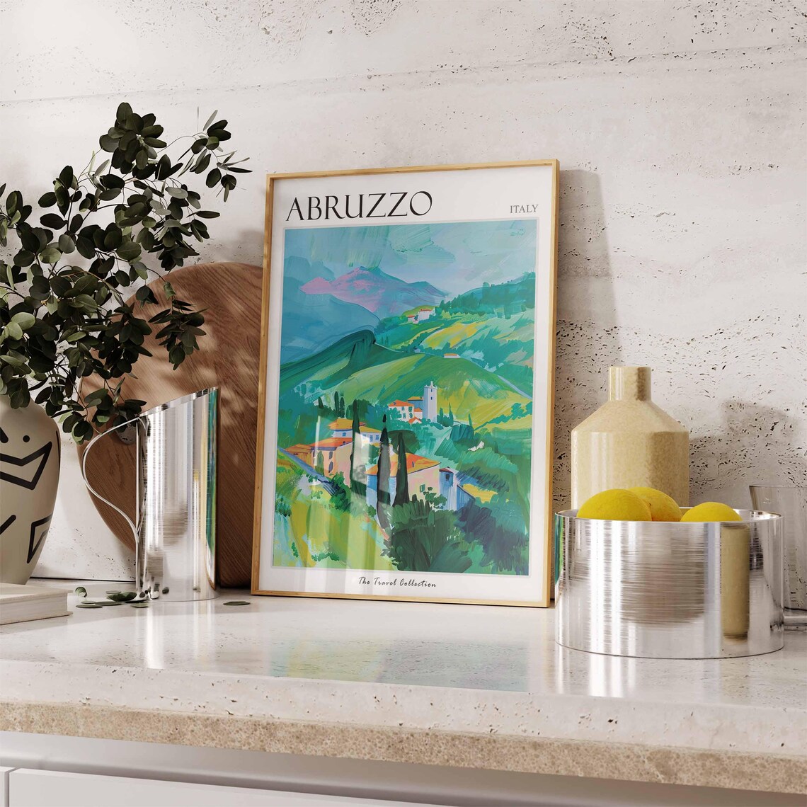 Abruzzo Italy Rolling Green Hills Village Church Travel Poster - Image 2