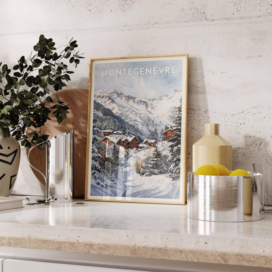 Montgenevre France Soft Pale Watercolor Snowy Trail Chalets Peak Poster - Image 2