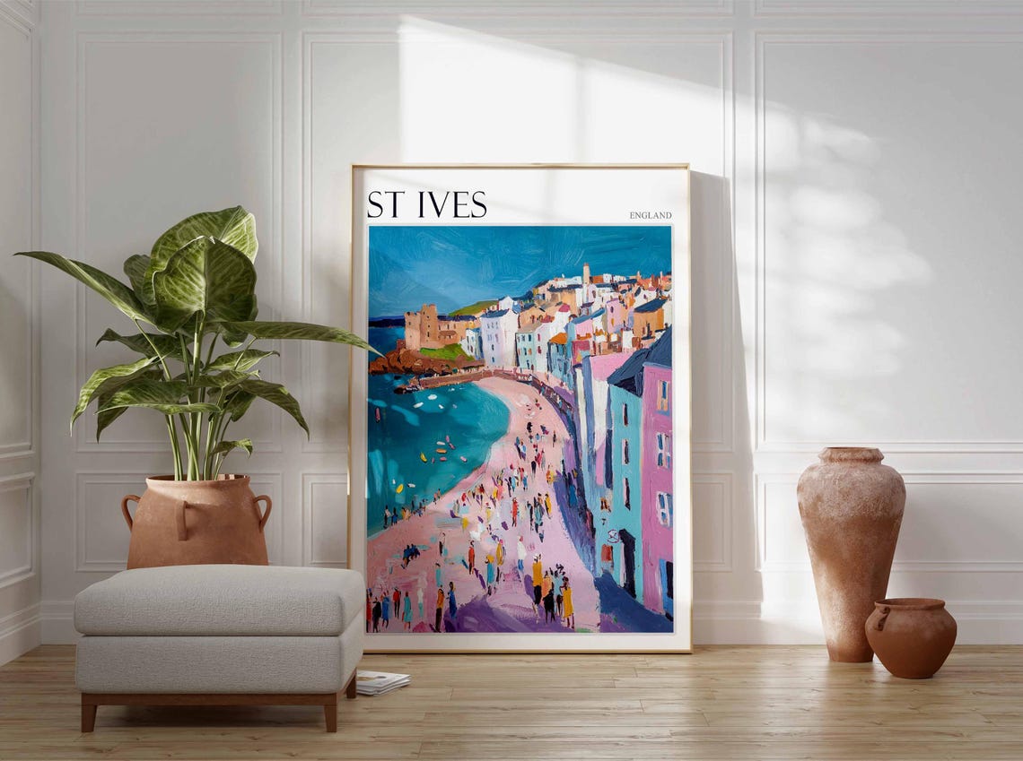 St Ives England Pink Beach Crowd Summer Coastal Cliffs View Poster - Image 2