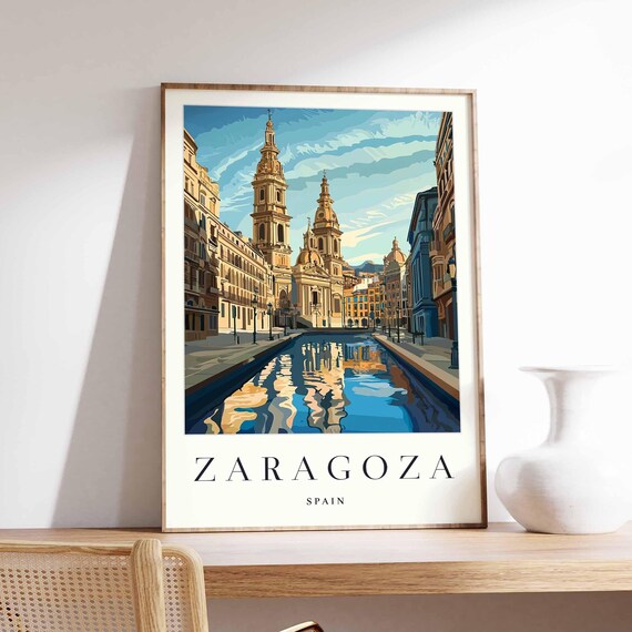 Zaragoza Spain Basilica Reflected in Water Illustration Poster