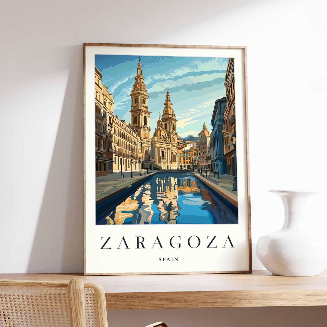 Zaragoza Spain Basilica Reflected in Water Illustration Poster